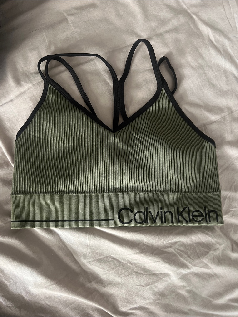 Calvin Klein Olive Green Ribbed Sports Bralette with Black Trim